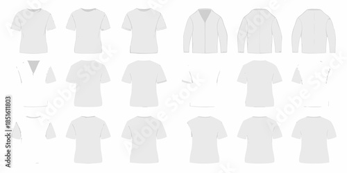 Collection of blank white t shirts and outerwear displayed in a grid format