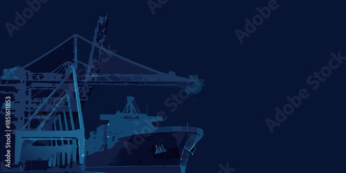 Dark silhouette of a cargo ship and crane at a harbor