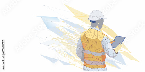 Construction worker viewing data on a tablet with a polygonal background