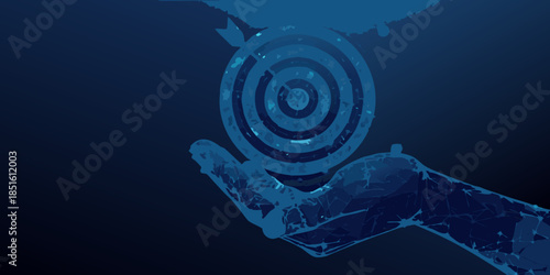 A robotic hand gently holds a glowing circular target with concentric rings