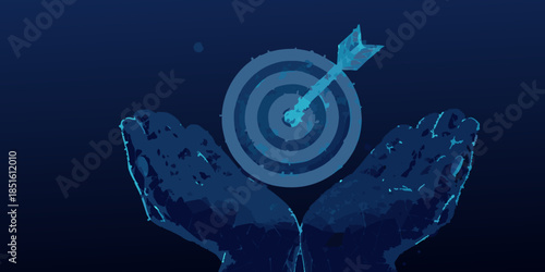 Hands cradling a target with an arrow hitting the bullseye