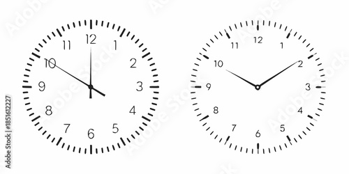 Two analog clocks showing different times on a white background