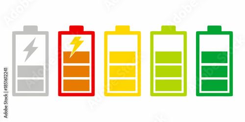 Five battery icons displaying varying charge levels from full to empty