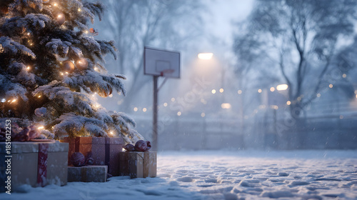 Wallpaper Mural Christmas tree closeup with gifts on snowy basketball court, basketball hoop in background. Concept of resting basketball sport during Christmas time. Torontodigital.ca