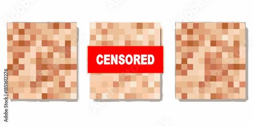 Pixelated imagery with a censored central panel suggesting sensitive content