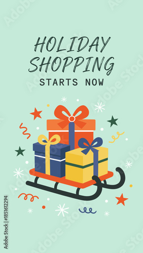 Holiday Shopping Starts Now Concept with Gift Boxes on Sleigh for Christmas and New Year Seasonal Sale Promotion Design