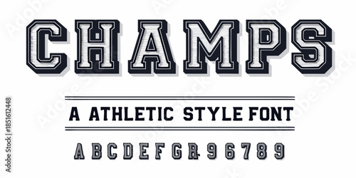 Stylish champs typography with athletic font and lowercase character examples