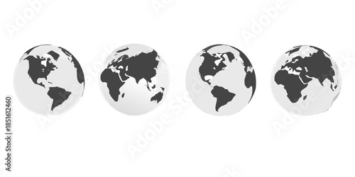 Four depictions of earth rotating showcasing different continental views in grayscale