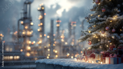 Wallpaper Mural Christmas tree branches with gifts on snowy oil refinery site, towers in background. Concept of blend between industry and Christmas celebration. Torontodigital.ca