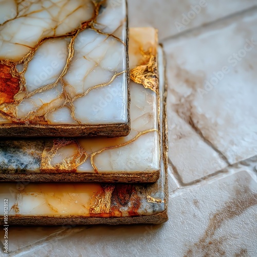 Close up view of stacked marble coasters with intricate gold veining and a glittery edge, resting on a light textured surface.