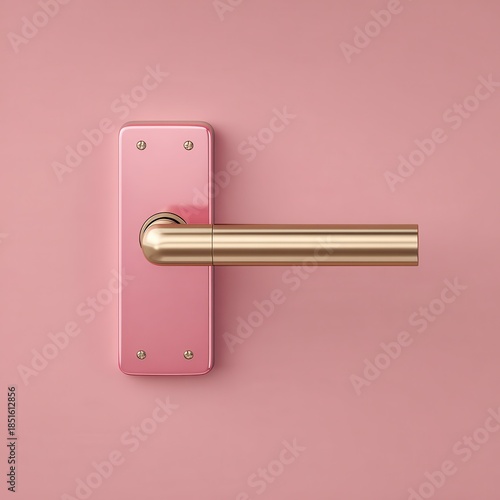 Close up of a polished golden door handle mounted on a rectangular pink plate, set against a solid pink backdrop.