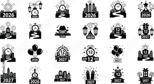 Conceptual Midnight 12 AM Moment New Year 2026/2027 Silhouette Icon Set