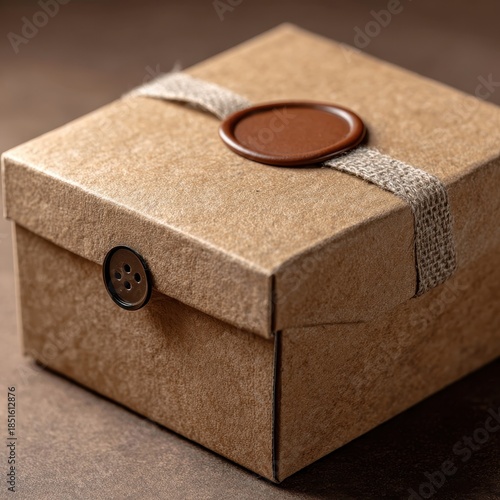 A close up of a textured golden gift box with a burlap ribbon and a brown wax seal, evoking a sense of luxury and celebration.