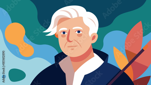 Serious elderly man with white hair holding autumn leaves on abstract colorful background