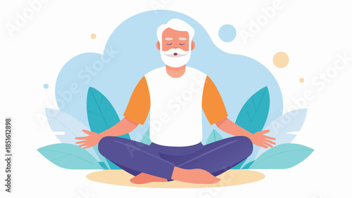 Elderly man with white hair and beard meditating in lotus pose outdoors in flat style
