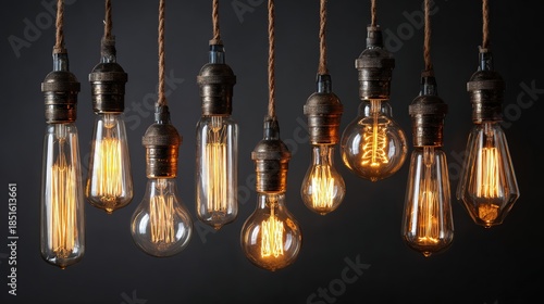 A collection of illuminated vintage edison light bulbs hanging elegantly against a dark backdrop