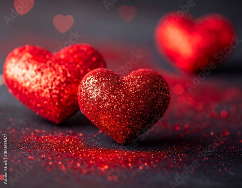 Three sparkly red hearts scattered on a dark surface, bokeh in background