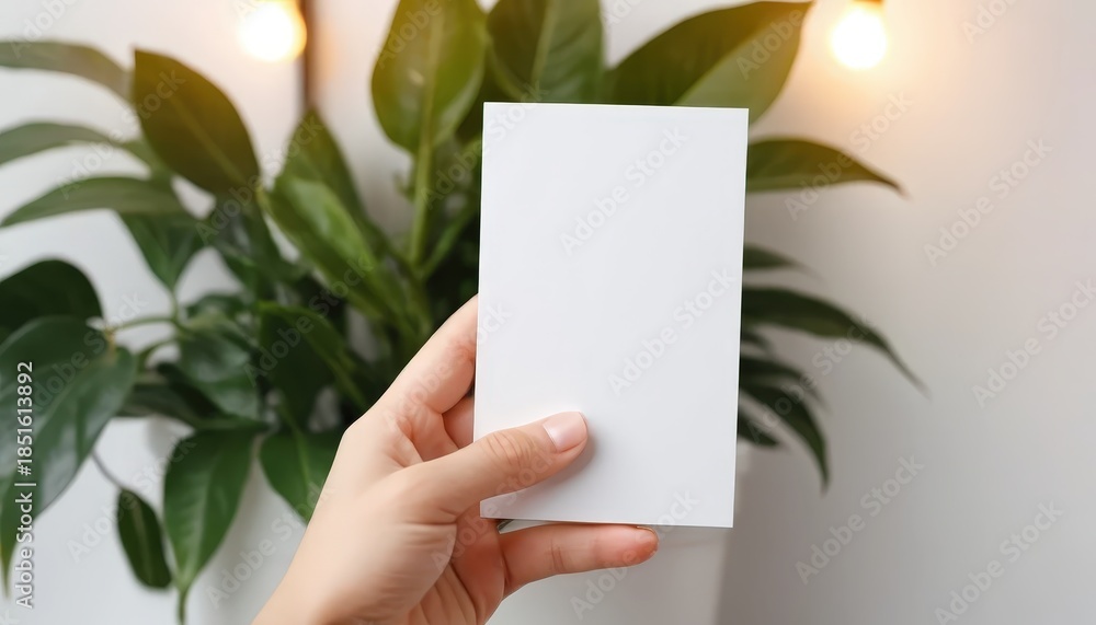 Obraz premium Hand Holding Blank Card in Front of Decorative Green Plant with Warm Light Background