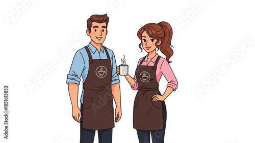 Man and woman wearing aprons standing together in a friendly coffee shop environment
