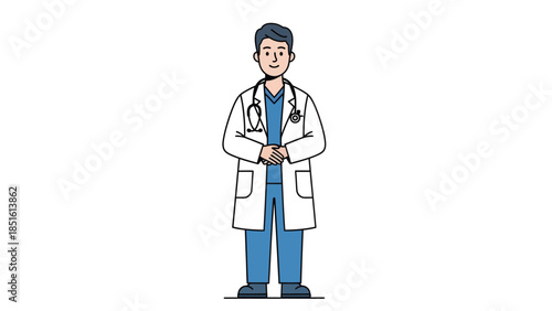 Professional doctor standing confidently in a white lab coat and blue scrubs, stethoscope around neck, in a clinical environment.
