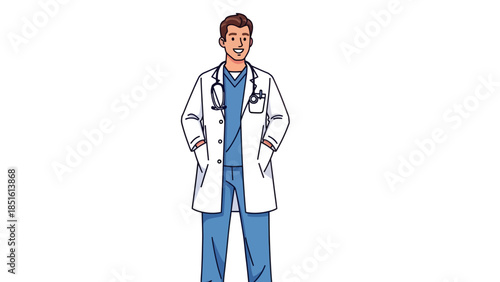 Professional doctor standing confidently with hands in pockets wearing a stethoscope in a clean white background