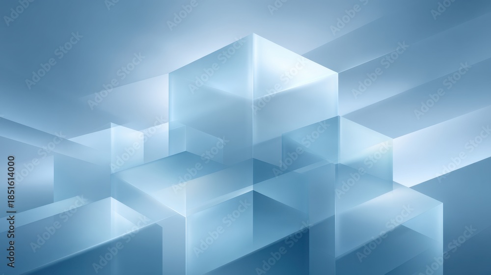 Obraz premium Abstract Blue Background with Shimmering Transparent Cubes and Geometric Shapes for Modern Digital Designs and Artistic Concepts