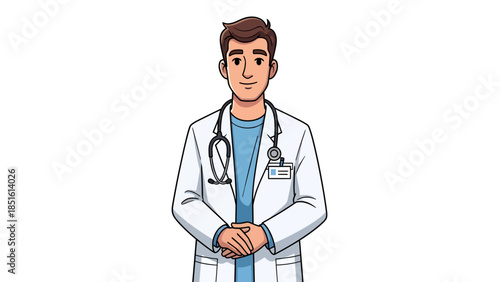 Illustration of a doctor wearing a white coat and stethoscope, standing with hands clasped in front of a white background