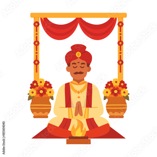 Indian Groom in Traditional Attire Under Wedding Mandap with Havan Illustration