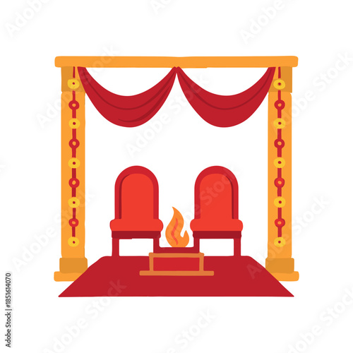 Indian Wedding Mandap with Chairs and Havan Fire Ritual Illustration