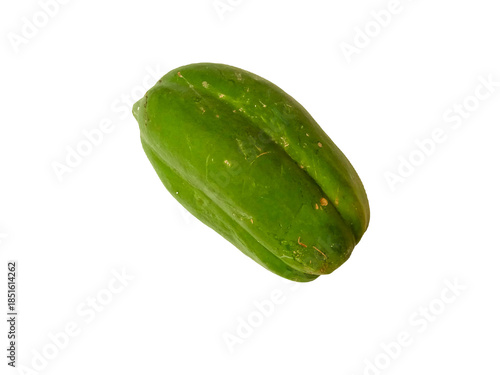 Vibrant green papaya with a smooth yet wrinkled surface, vertical ridge, and pear like shape, ideal for culinary use and botanical reference.