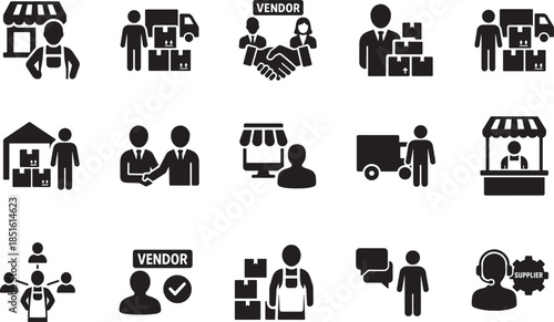   Vendor icon set featuring supplier, contract and trade symbols in clean vector EPS style for business use.