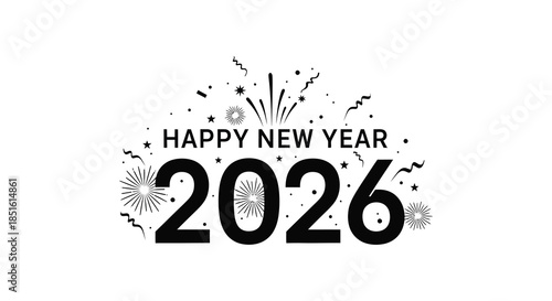 Festive new year celebration graphic with sparkling fireworks and a bold two thousand twenty six display