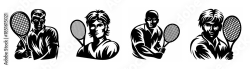 Four black and white sketches of tennis players holding rackets ready for action