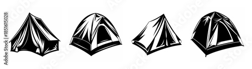 Sketchy style representations of four different tents showing various designs and perspectives in black and white