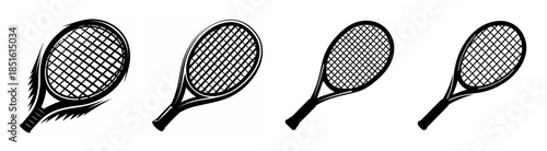 Four tennis racquets of varying sizes and styles displayed in a row for sport or recreation concepts