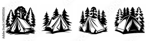 Four black and white sketches of camping tents set up in a dense forest with tall trees surrounding them