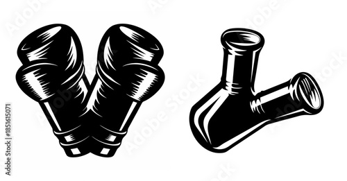 Pair of black boxing gloves beside a double flask symbolizing combat and chemistry or science