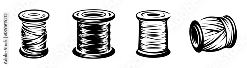Vintage black and white line art spools of thread four piece collection