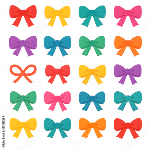 Colorful ribbon bow icon set in flat cartoon style, assorted vibrant colors, isolated on white background. Perfect for gift wrapping.