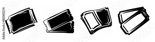 Four abstract ticket stubs with black ink sketchy lines representing entry passes