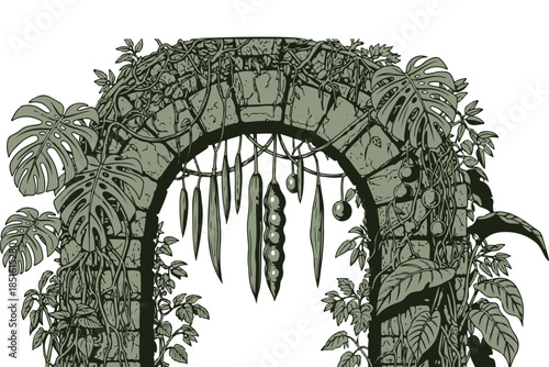Vintage floral ornament design featuring a decorative garden arch with flowers and plant elements in a black vector silhouette nature frame pattern
