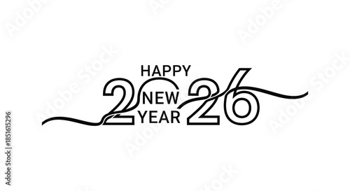 Elegant black calligraphy design featuring the text happy new year and the year 2026