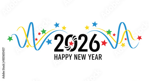 Festive new year design featuring colorful wavy lines stars and a prominent 2026 greeting