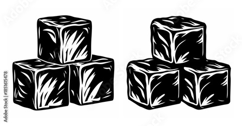 Stylized tofu cubes stacked artistically in groups of three black and white rendering