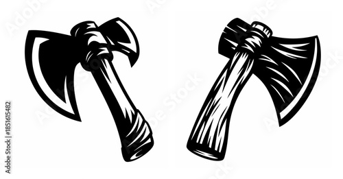 Two iconic tomahawk axes depicted in stark black and white woodcut style ready for action