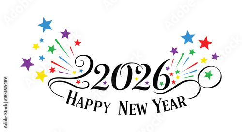 A colorful illustration depicting the year 2026 with fireworks and a new year greeting