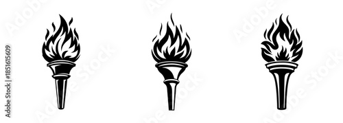 Three vintage style torches flaming brightly with stylized flames symbolizing victory progress and enlightenment