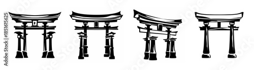 Four stylized japanese torii gates arranged side by side in a row black and white image