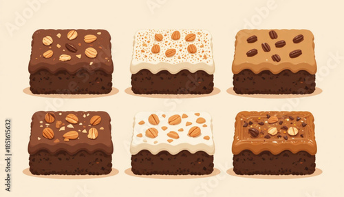 A set of flat colored chocolate brownie cake illustrations on a plain background