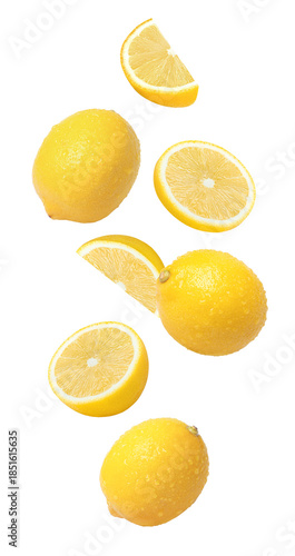 Lemon with lemon slices on white background.